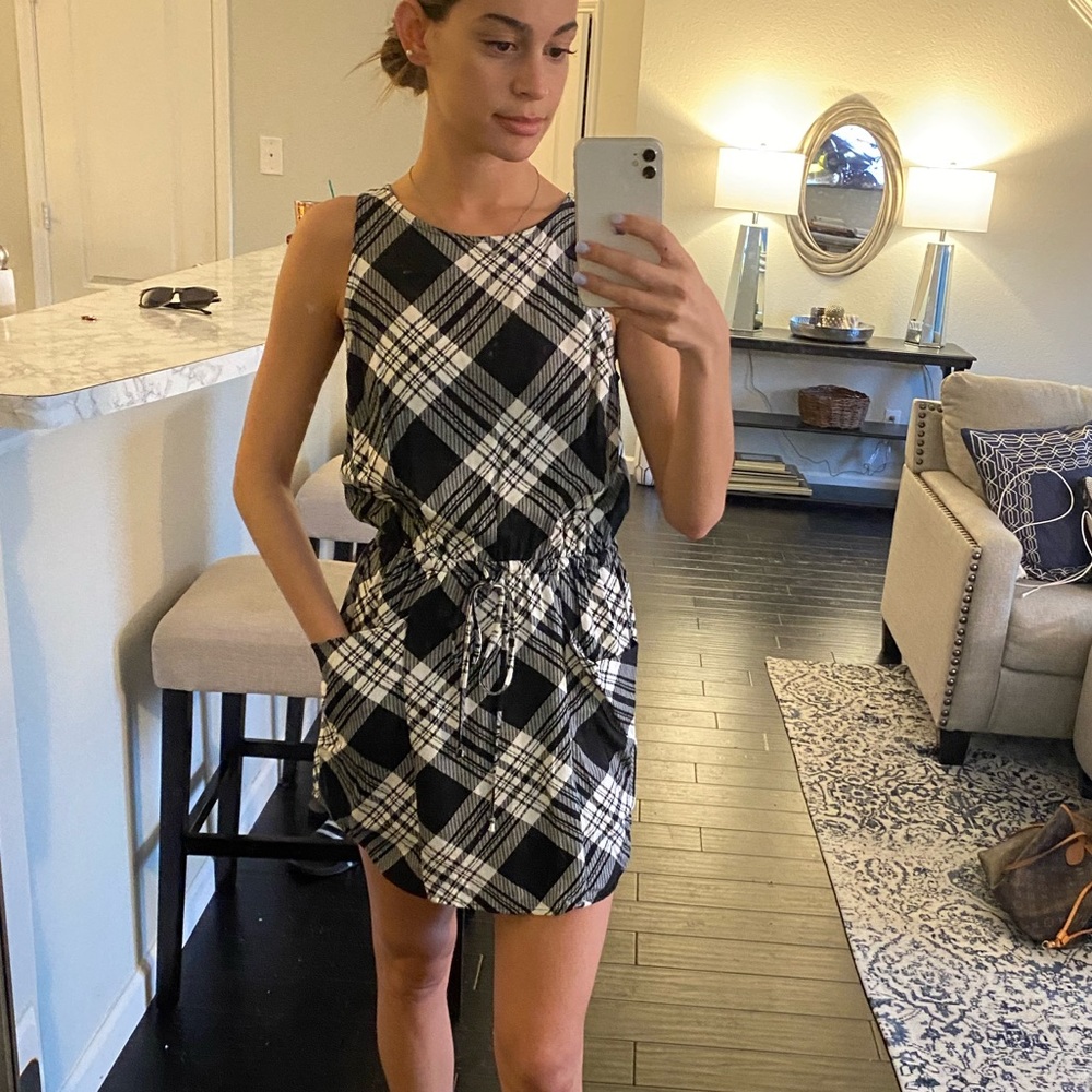 Draw string waist plaid mini dress